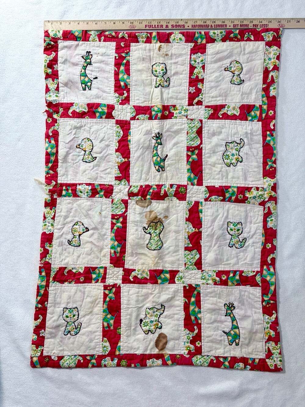 Vintage Hand-Stitched Baby Quilt Patchwork Red Animal Applique 26x36”.
